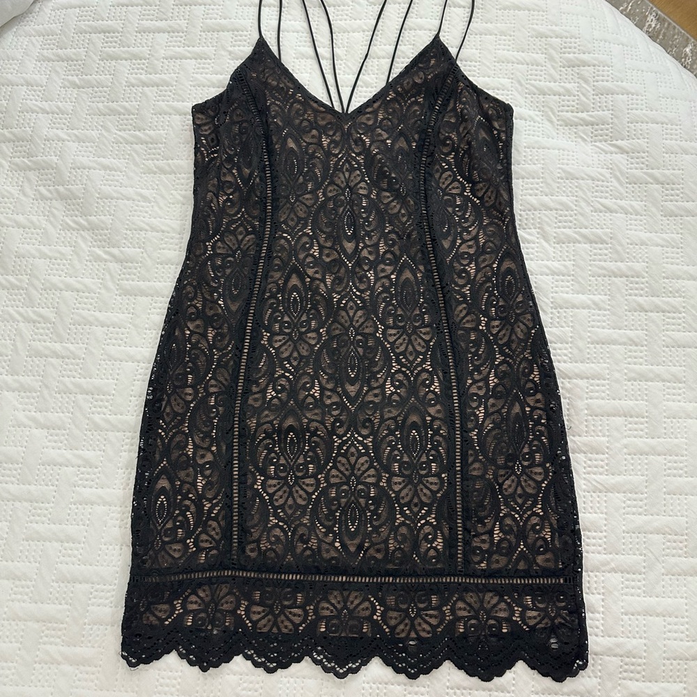 Topshop Black Lace Strappy Plunge Dress Bodycon Fit With Scalloped Hem Sz 10
